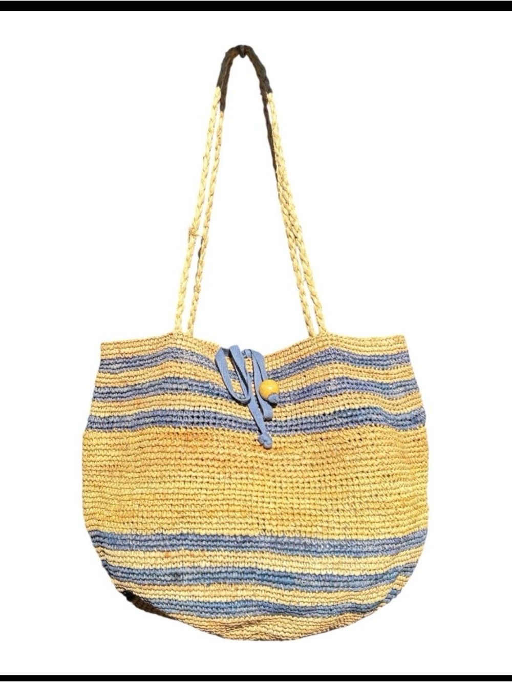 🐚 J.Crew Vintage Raffia Tote Bag – Blue Stripes SP07
